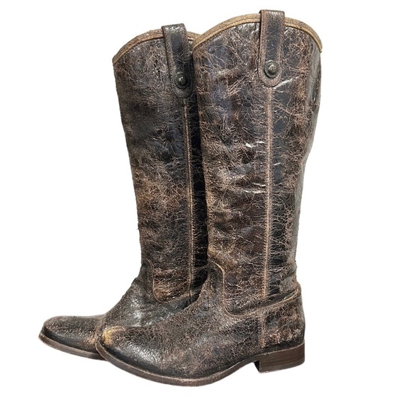 FRYE | Melissa Button Riding Boots in Chocolate Glaze Vintage Distressed 7.5 - Picture 1 of 16